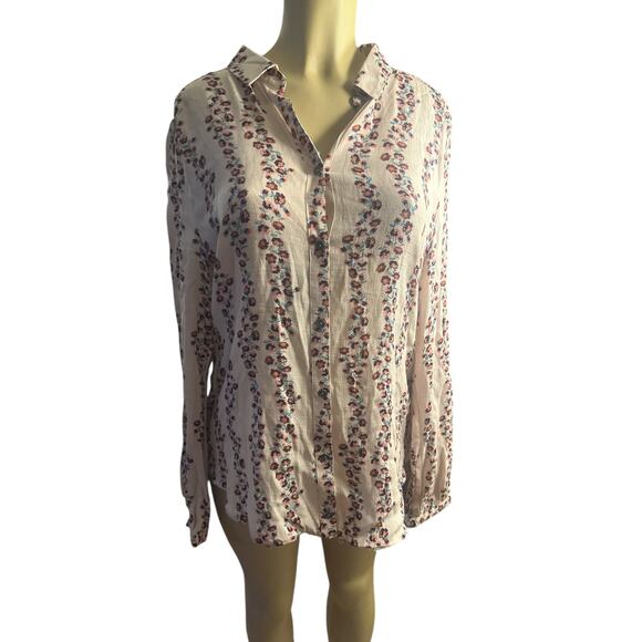 Women L Free People Button Tunic Shirt Mini Dress Top Blush Floral Print Ruffle - Picture 2 of 7